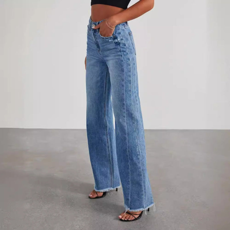 Loose Wide Leg Side Seam Splicing, Brushed Hem Denim Jeans - Cowboy Blue (S, M, L, XL)