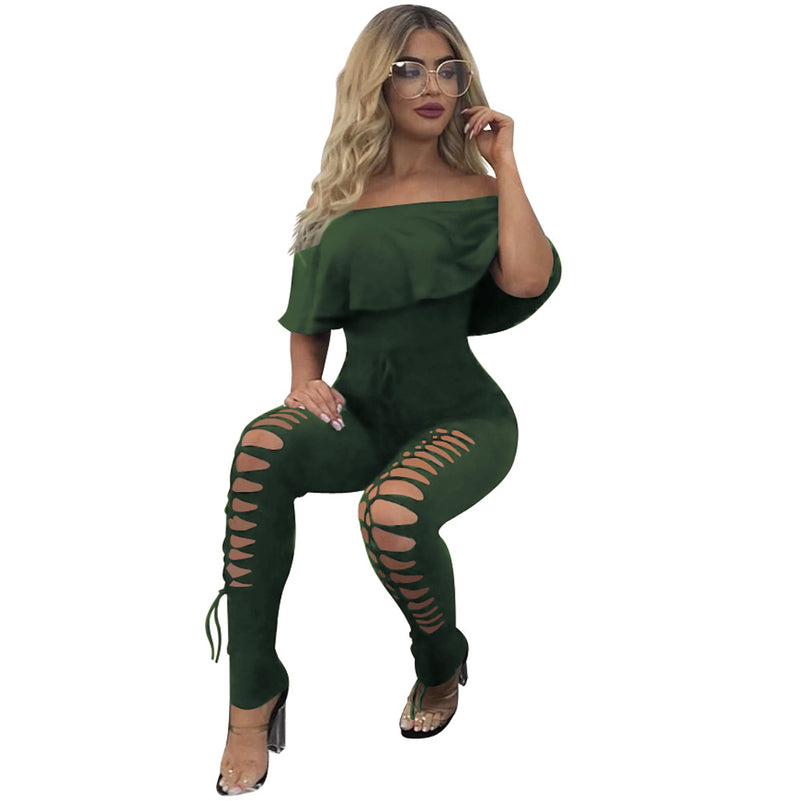 Off-The-Shoulder Lotus Leaf Burnt Jumpsuit - runwayfashionista.com