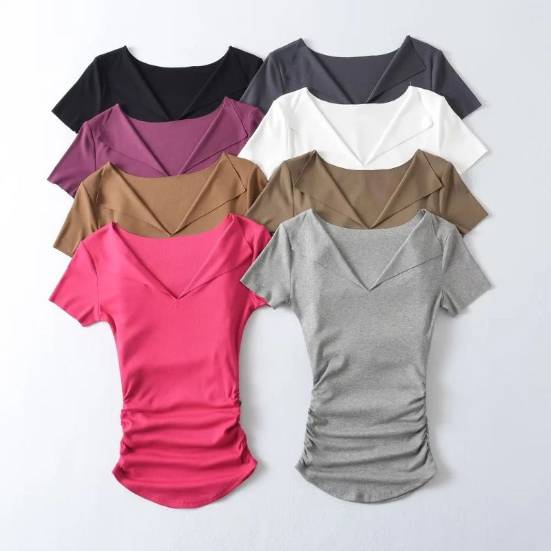 Half open solid color threaded short sleeved shirt
