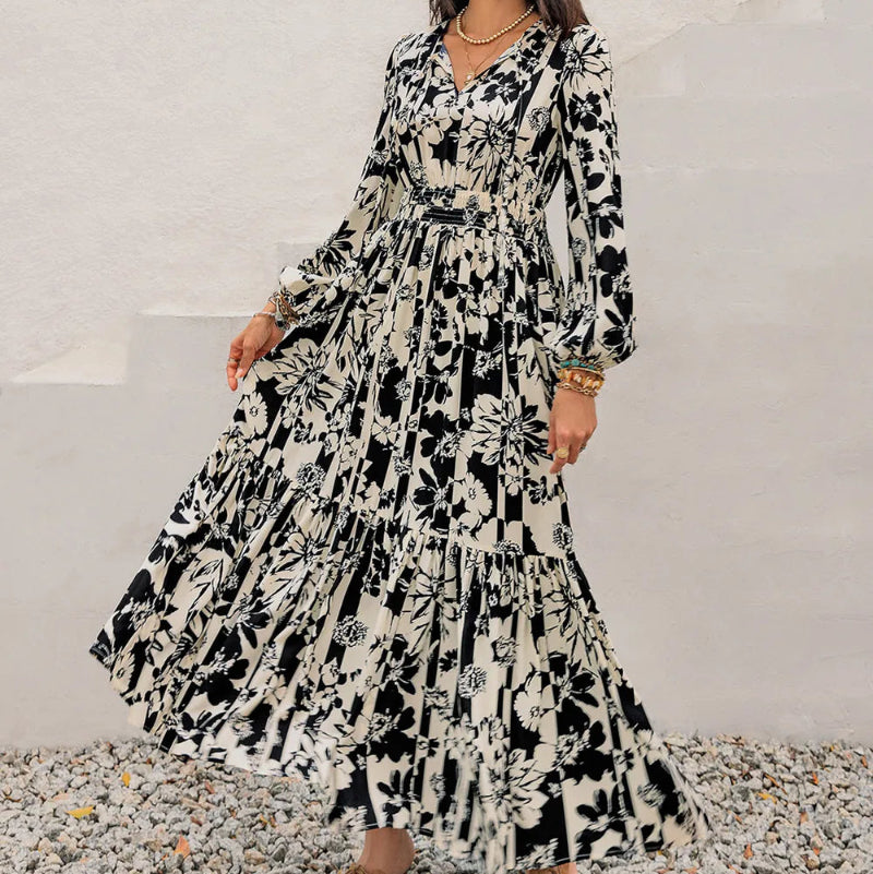 Smocked Printed Tie Neck Long Sleeve Dress -runwayfashionista.com