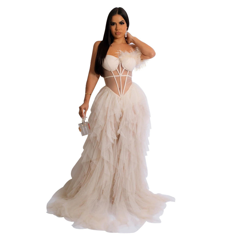 Sleeveless Bustier Mesh Long Gown - pink