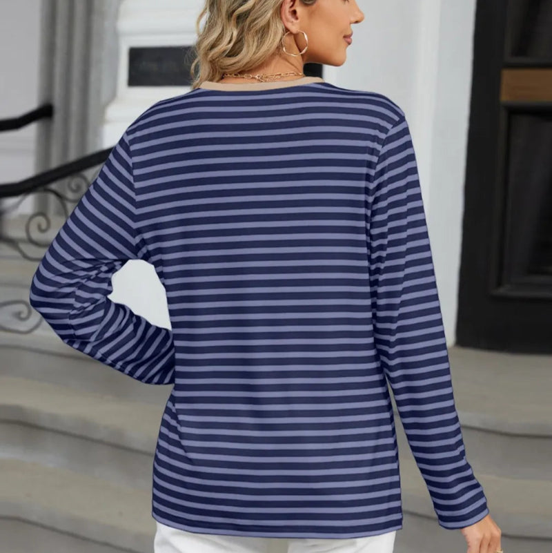 Striped Notched Long Sleeve T-Shirt - runwayfashionista.com