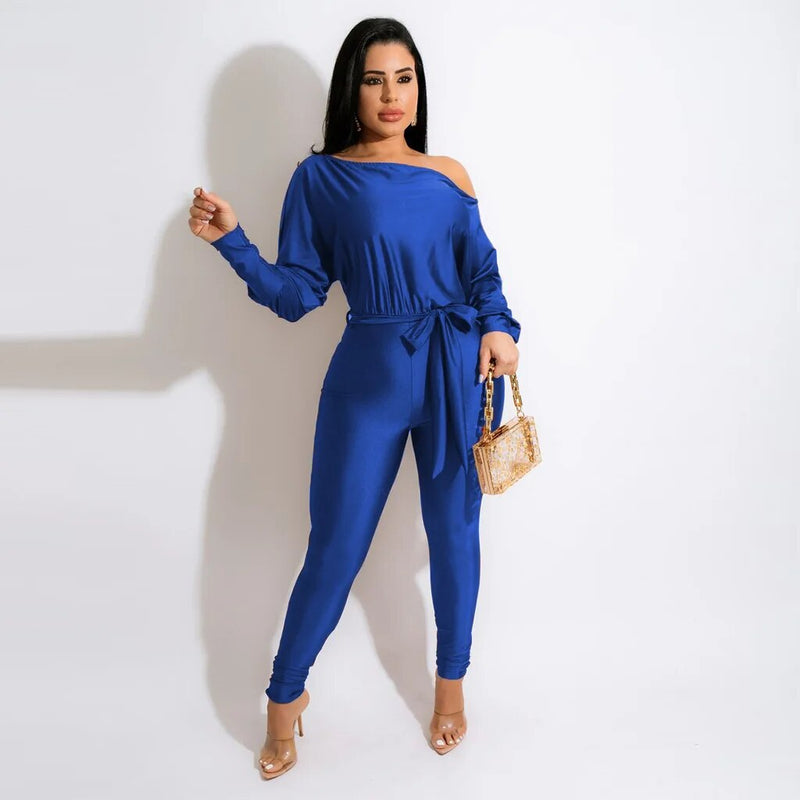 One Shoulder Lace Up Long Sleeved Jumpsuit - runwayfashionista.com