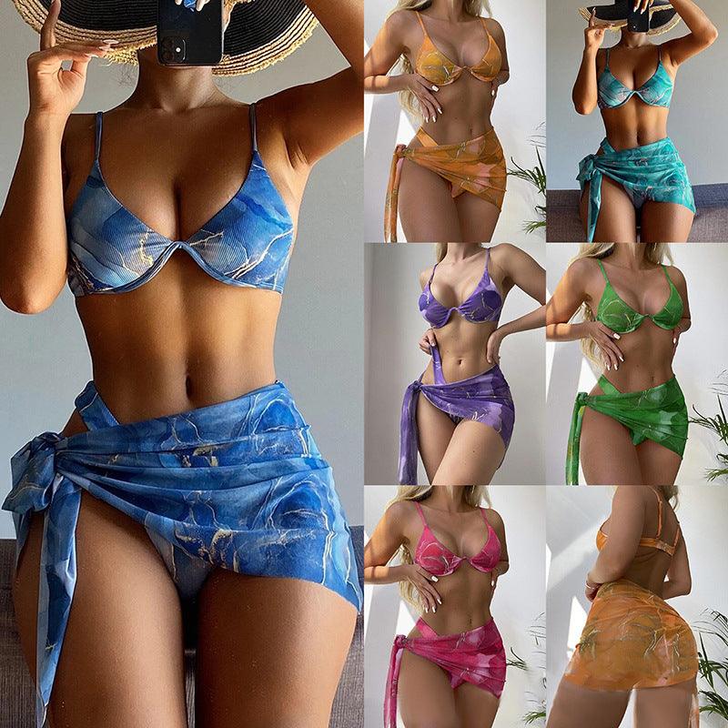 Marble patterned three piece bikini set