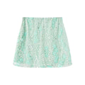 A light green ultra-short A-line skirt featuring 3D embroidery, tulle, and sequin flower details.