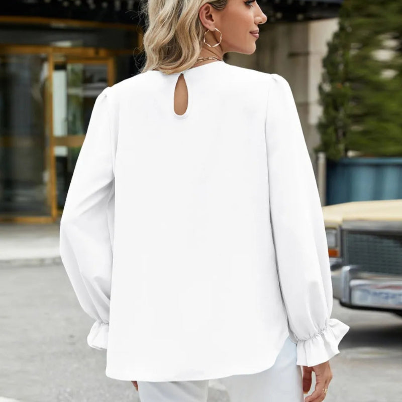 Round Neck Flounce Sleeve Top -runwayfashionista.com