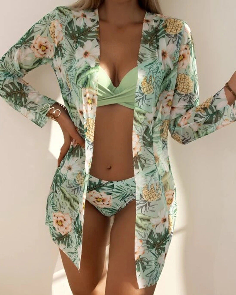 Three-Piece Kimono Split Print Bikini - runwayfashionista.com