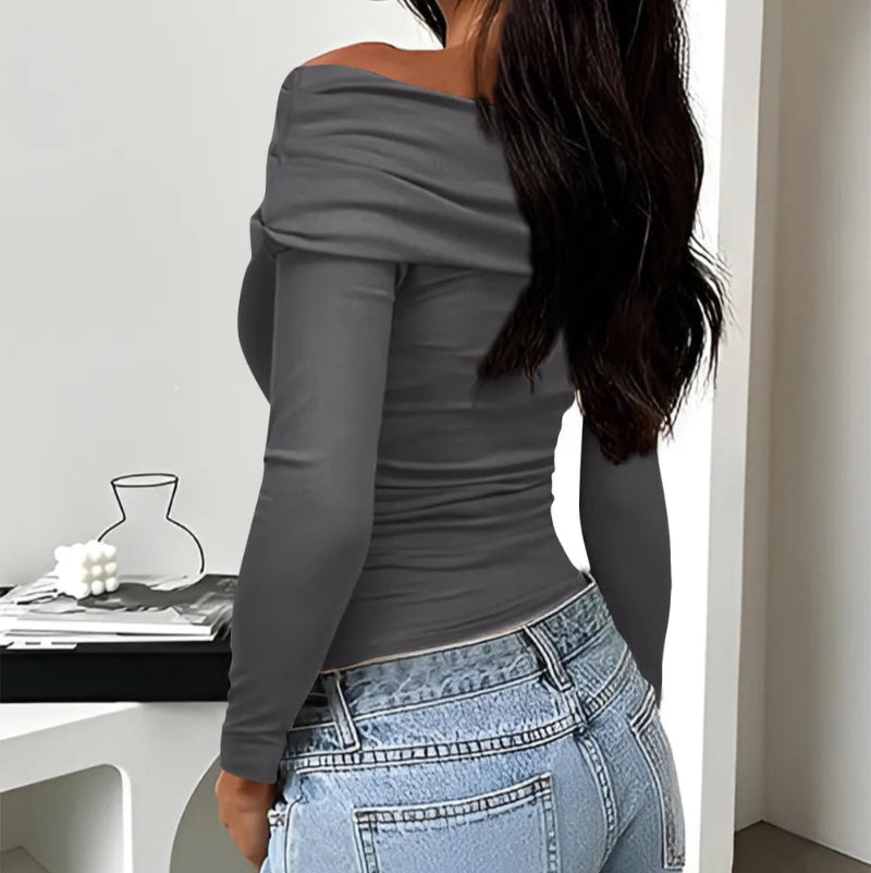 Ruched One Shoulder Long Sleeve T-Shirt - runwayfashionista,.com