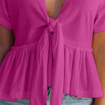 Tied Plunge Short Sleeve Blouse - runwayfashionista.com