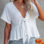 Tied Plunge Short Sleeve Blouse - runwayfashionista.com