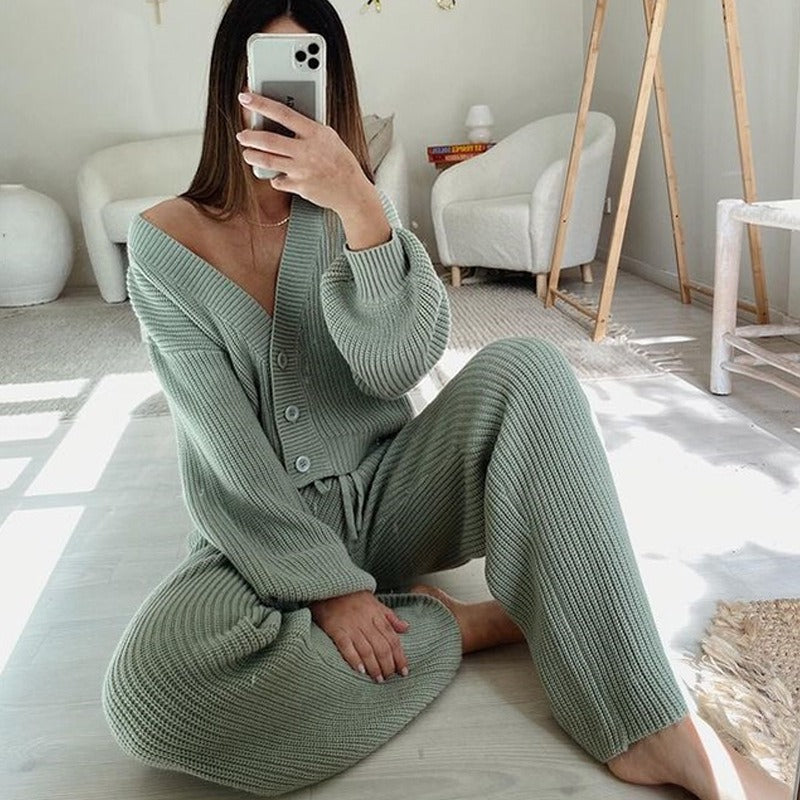 Casual Knitted Long Sleeve Sweater Long Pants Two Piece Set