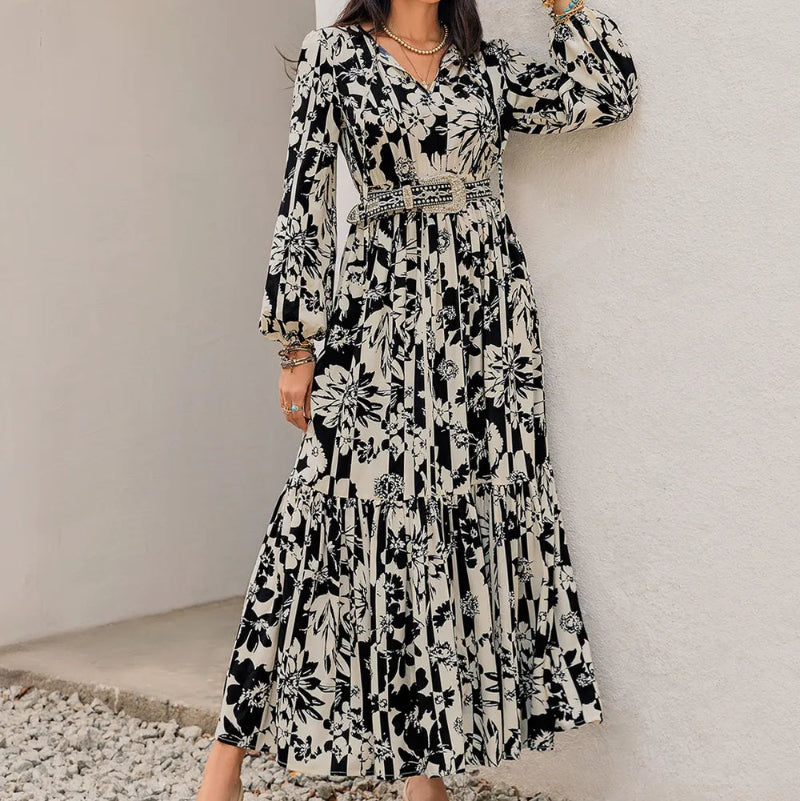 Smocked Printed Tie Neck Long Sleeve Dress -runwayfashionista.com