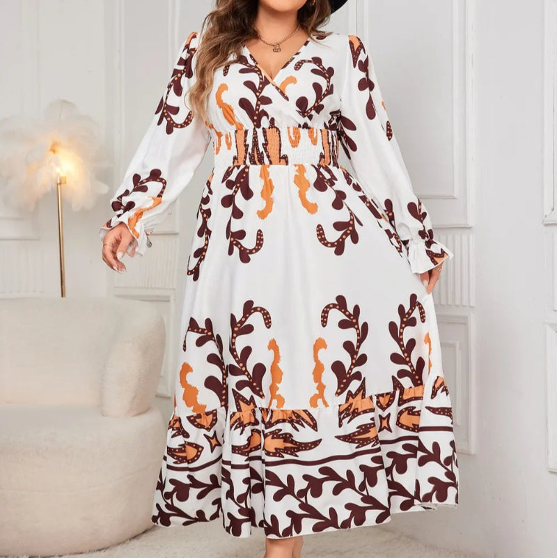 Plus Size Printed Surplice Flounce Sleeve Dress - runwayfashionista.com