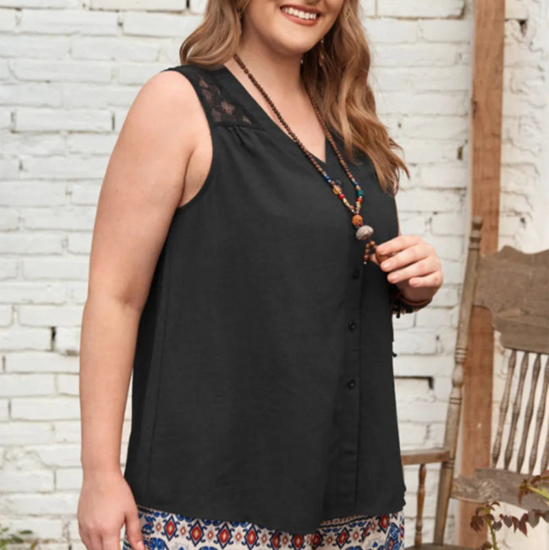 Plus Size V-Neck Tank Top with white lace detail on a hange