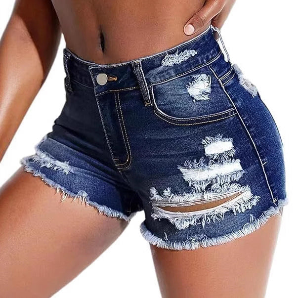 A pair of deep blue, high-waisted, hole-trimmed skinny denim shorts for women.