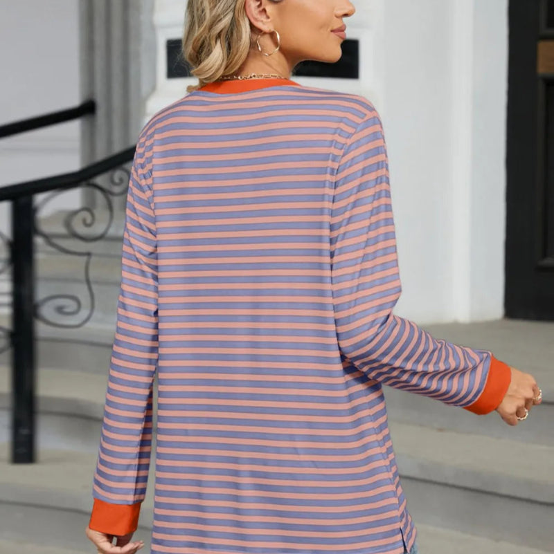 Pocketed Striped Round Neck Long Sleeve T-Shirt - runwayfashionista.com