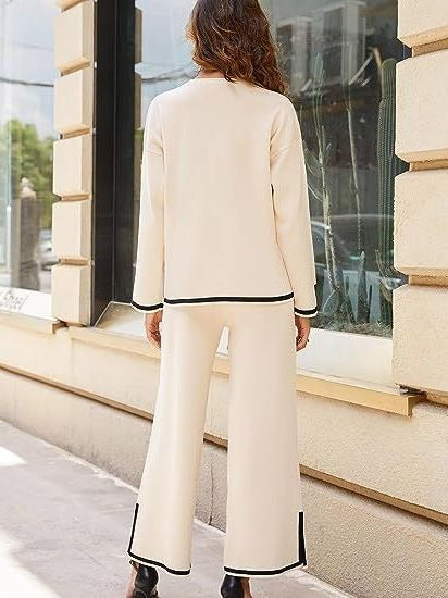 2 piece long sleeved knitted sweater top wide leg pants - runwayfashionista.com