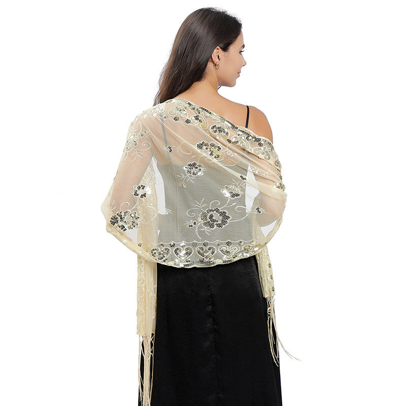 Flower Sequin Embroidered Long Fringe Shawl