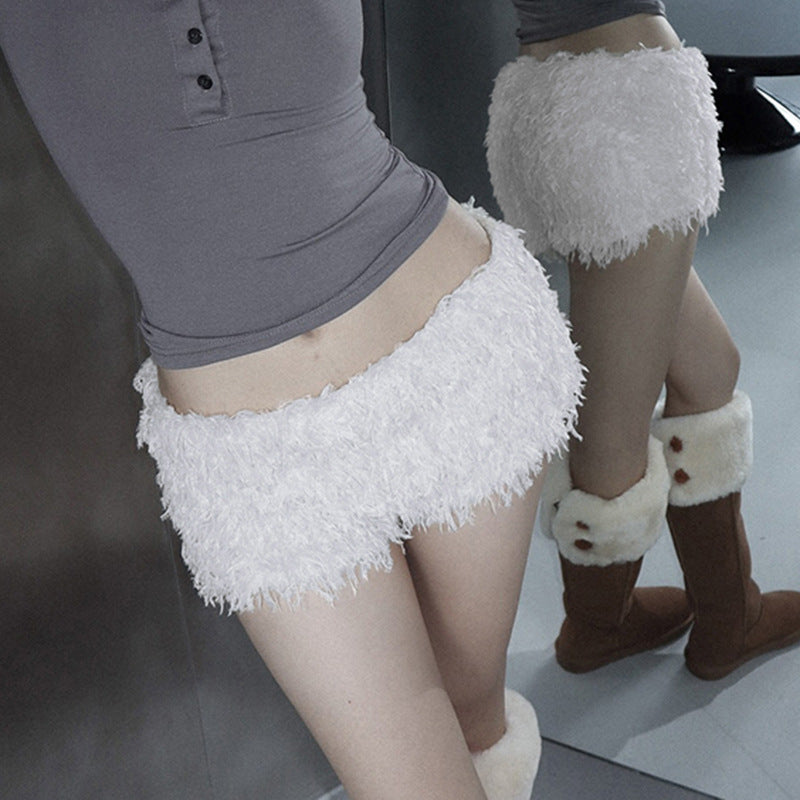 Comfy & Cute: White Low Waist Fuzzy Hot Pants for a Fresh, Sweet Style!