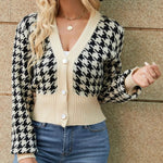 Houndstooth Button Up Long Sleeve Cardigan - runwayfashionista.com