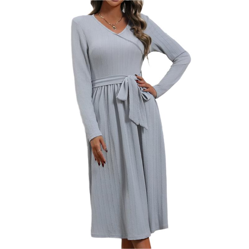 Surplice tie waist long sleeve midi dress - runwayfashionista.com