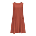 A sleeveless, mid-length A-line tank dress with a round neck.