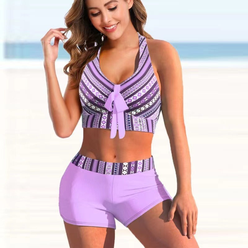 Bikini printed split swimsuit with flat angle stripes