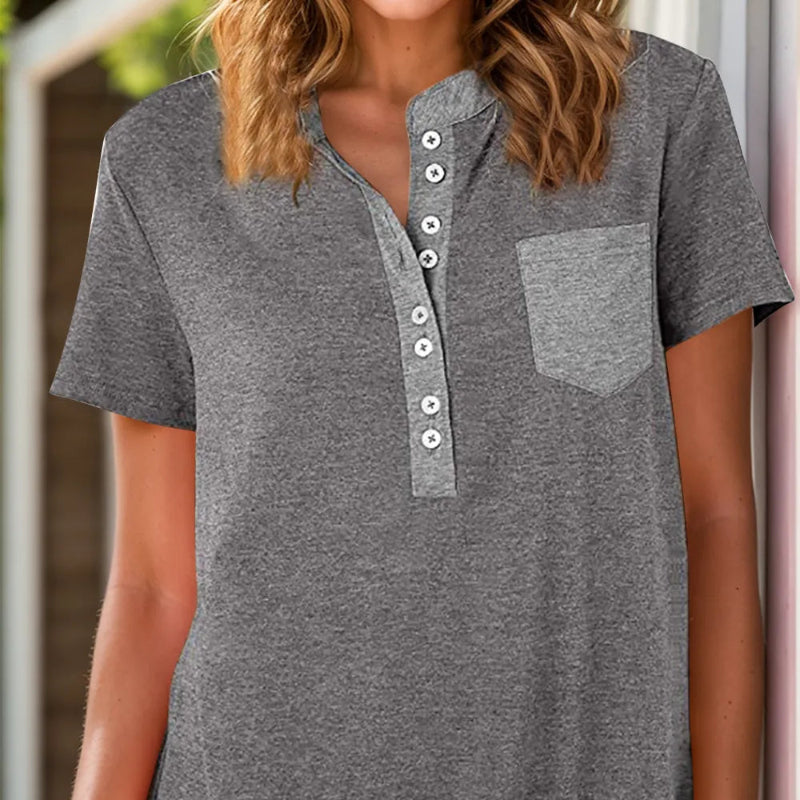 Half Button Short Sleeve T-Shirt - runwayfashionista.com