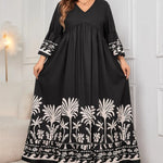 Honey Plus Size Printed V-Neck Long Sleeve Maxi Dress. Elegant V-neck, all-over print, long sleeves, comfortable stretch fabric.