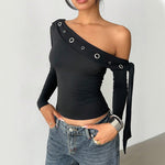 Slanted shoulder long sleeved top