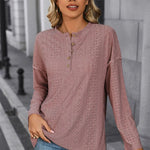 Eyelet Round Neck Long Sleeve Top -runwayfashionista.com