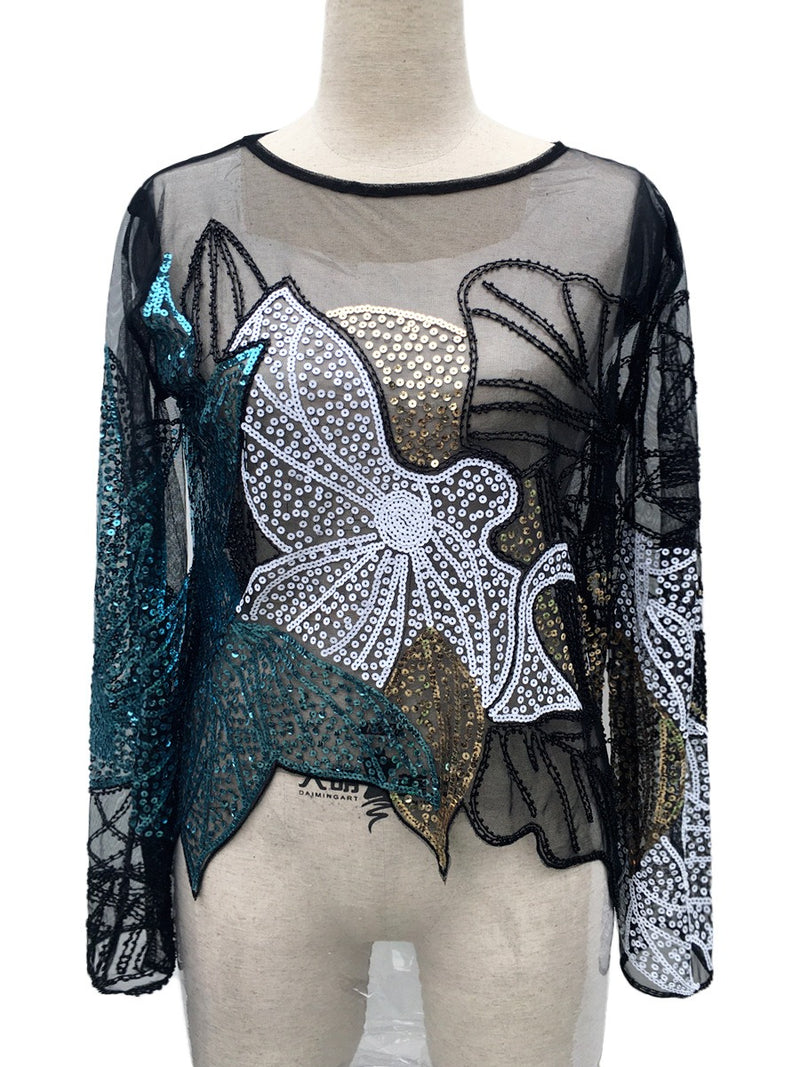 Studded sequin top thin long sleeved - runwayfashionista.com