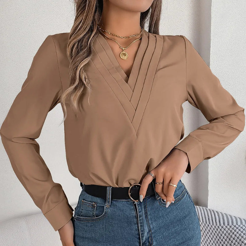 V-Neck Long Sleeve Blouse - runwayfashionista.com