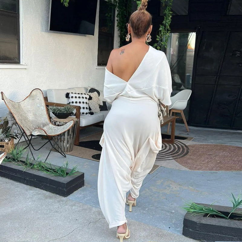 Off Shoulder Draped Haren Jumpsuit - runwayfashionista.com