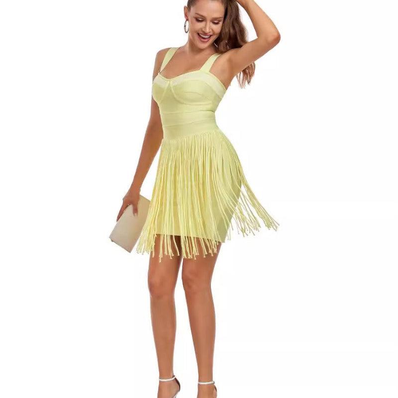 Tight Shoulder Strap Tassel Mini Dress