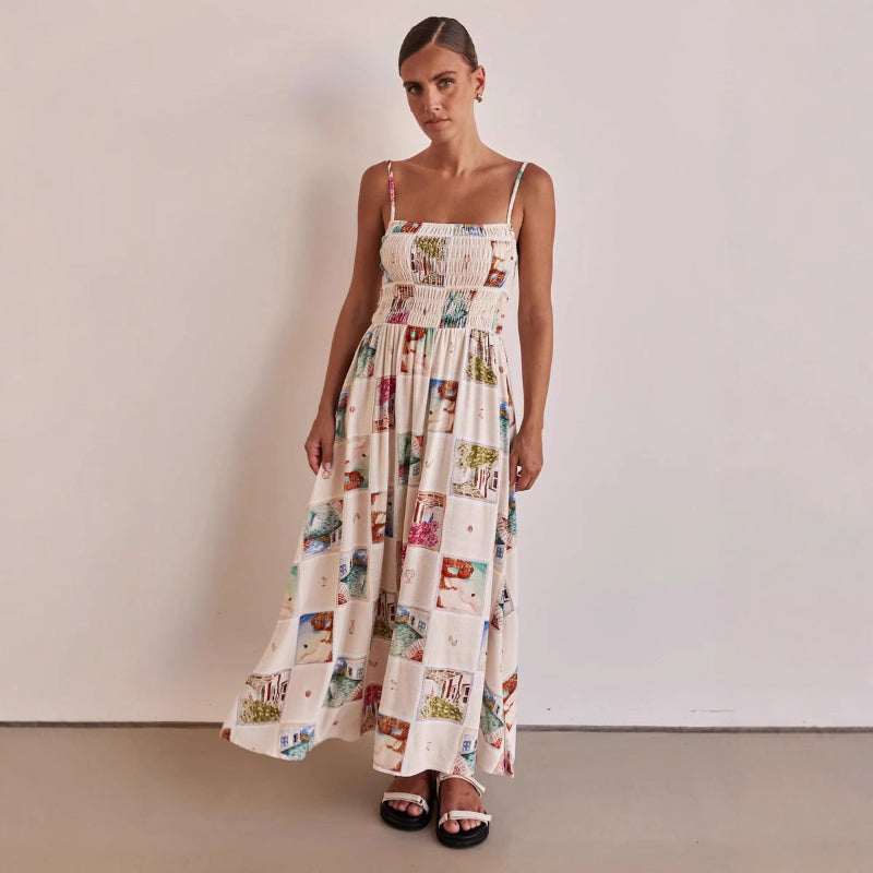 A model wearing a floral print, one-shoulder, sleeveless, A-line midi dress with a high waist, suitable for business or elegant events.