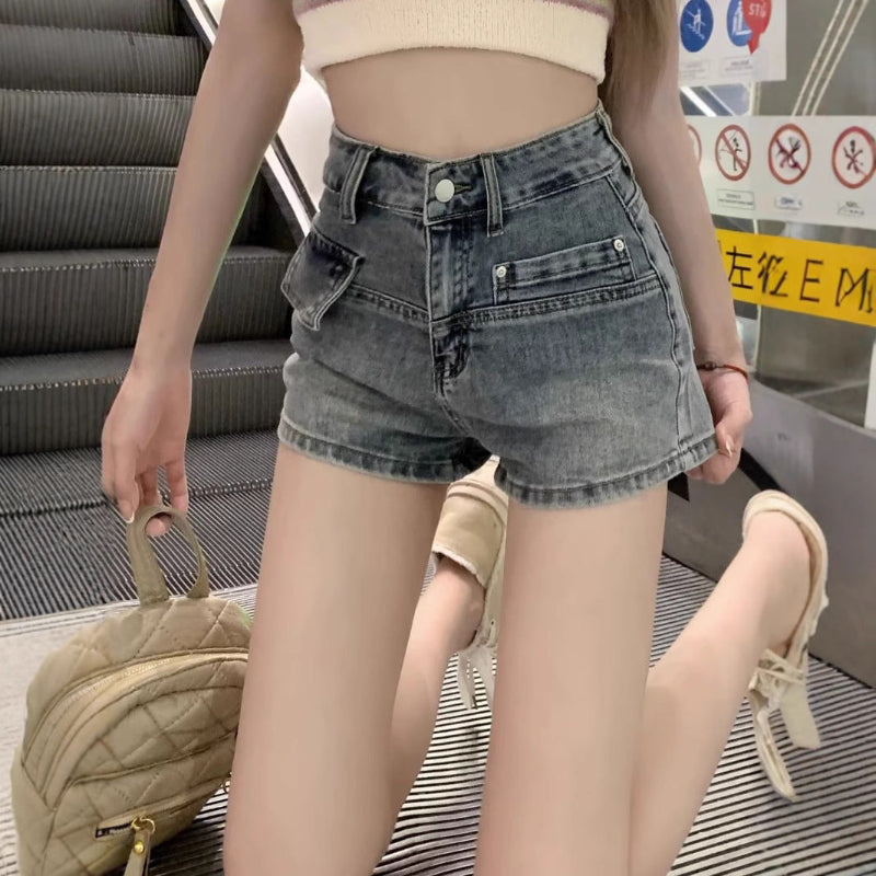 Retro High-Waist Loose Denim Shorts - blue