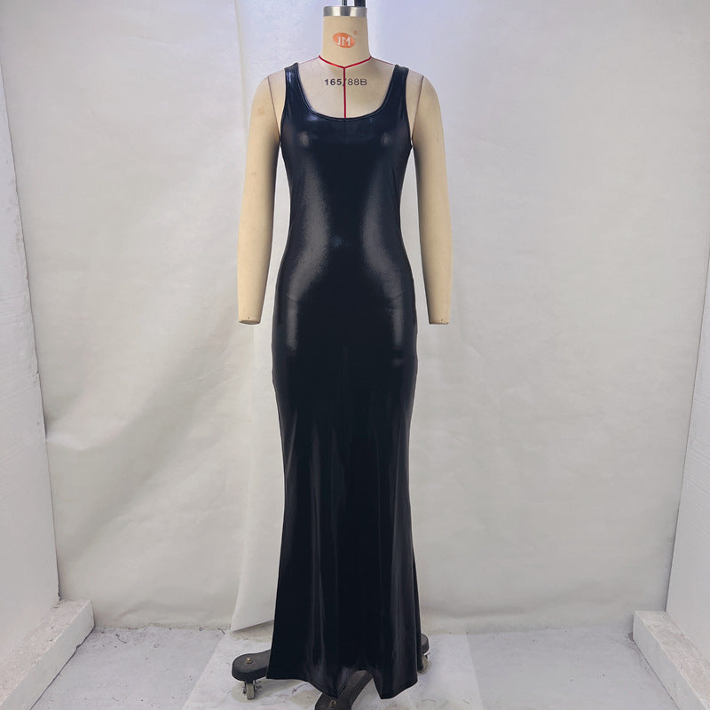 U-neck Split Vest Maxi Dress - Black