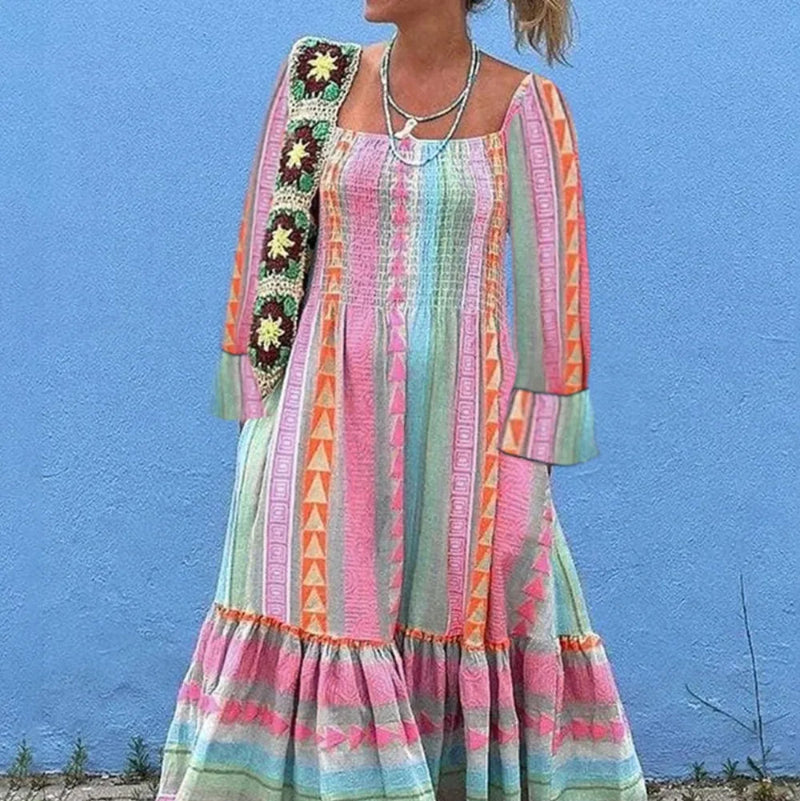 Ruffled Striped Long Sleeve Dress - runwayfashionista.com