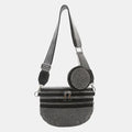 A medium-sized black crossbody bag made of PU material, adorned with metallic studs and featuring an adjustable strap.