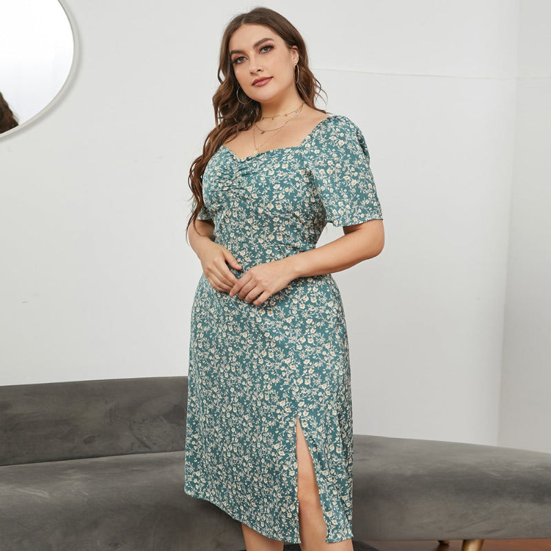 Square Neck Waist Open Long Floral Dresses