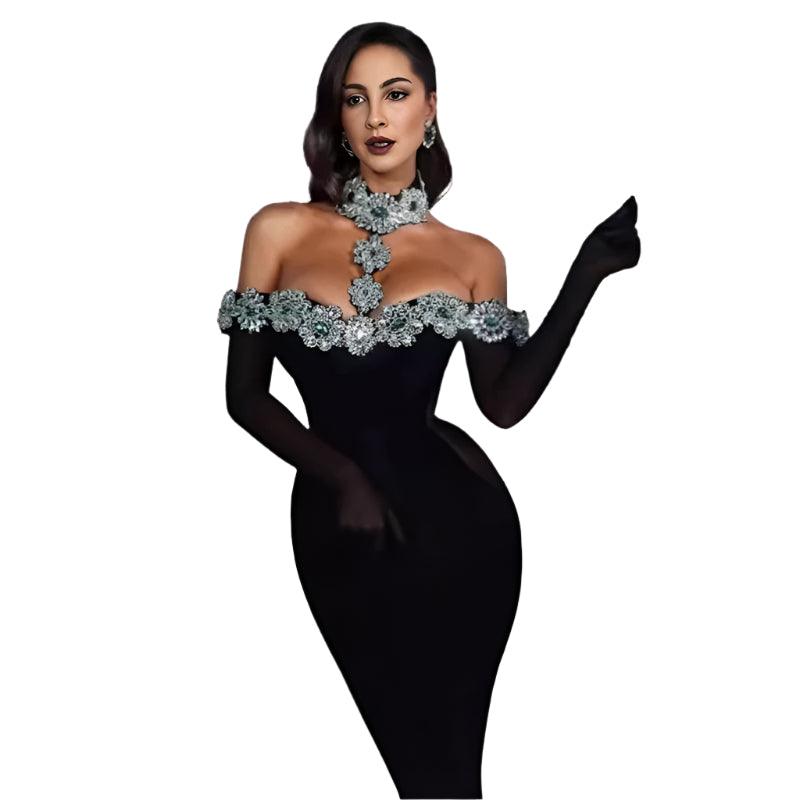 Rhinestone Flower Red Carpet Dress