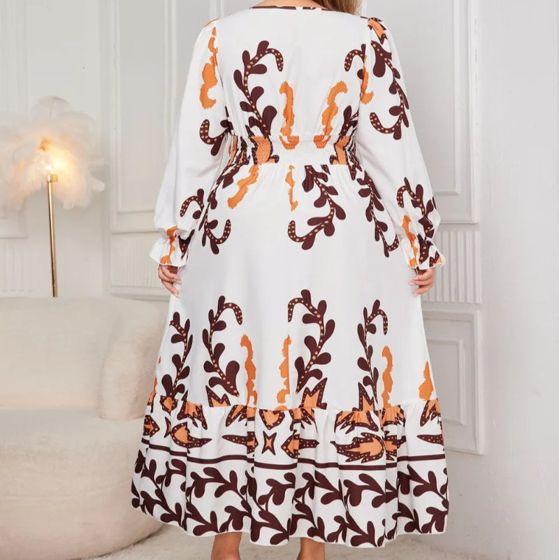 Plus Size Printed Surplice Flounce Sleeve Dress - runwayfashionista.com
