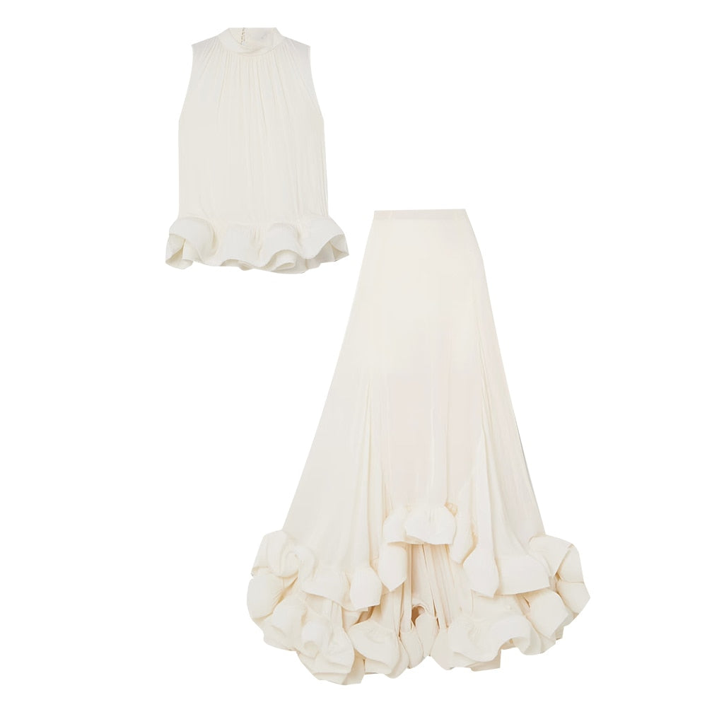 Stand Collar Sleeveless Tops High Waist Irregular Ruffles Skirts - runwayfashionista.com