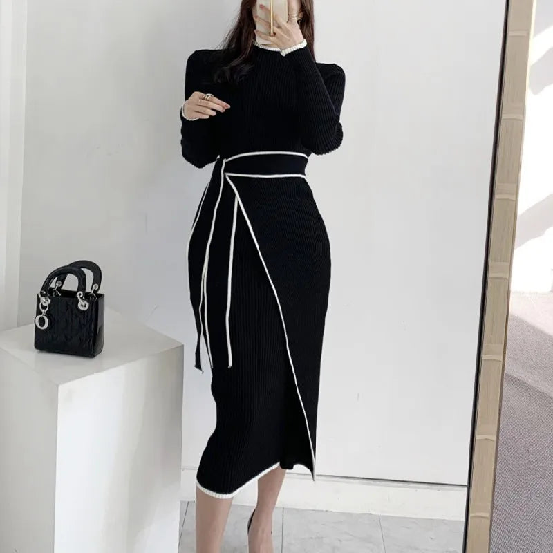 Full Sleeve O-neck Belted Sweater Dress