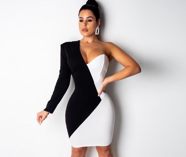 One Shoulder V-neck Bodycon Above Knee Dress