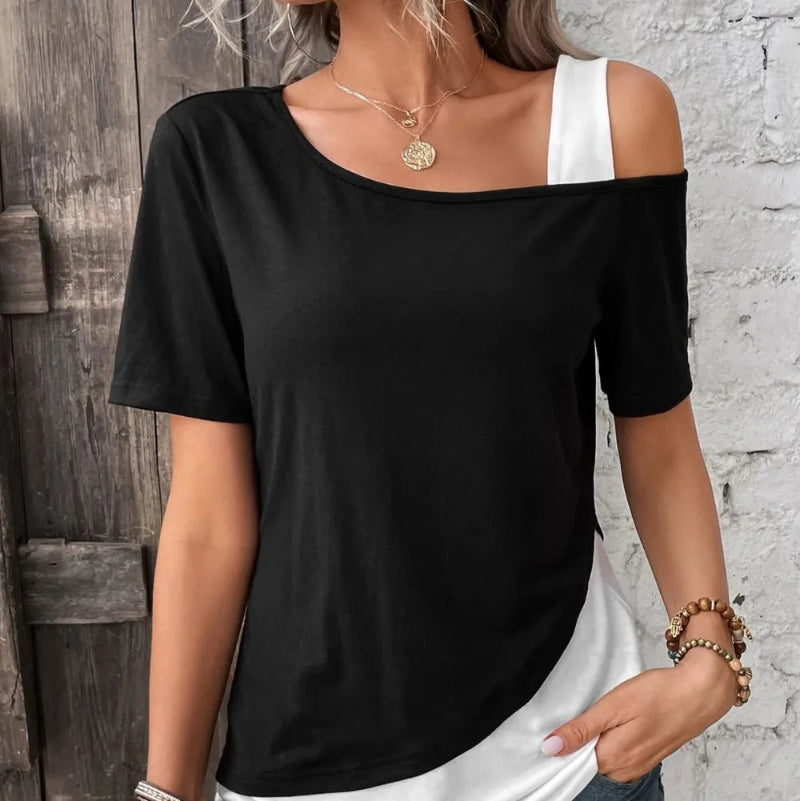 Contrast Asymmetrical Neck Short Sleeve T-Shirt - rnwayfashionista.com