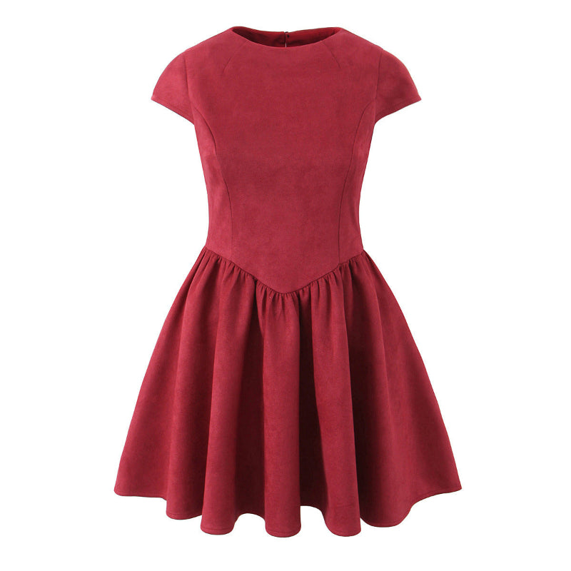 Round neck short sleeved A-line fluffy skirt Mini Dress