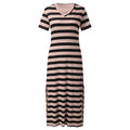 A collection of V-neck casual loose midi dresses with striped patterns and side slits, available in various colors.