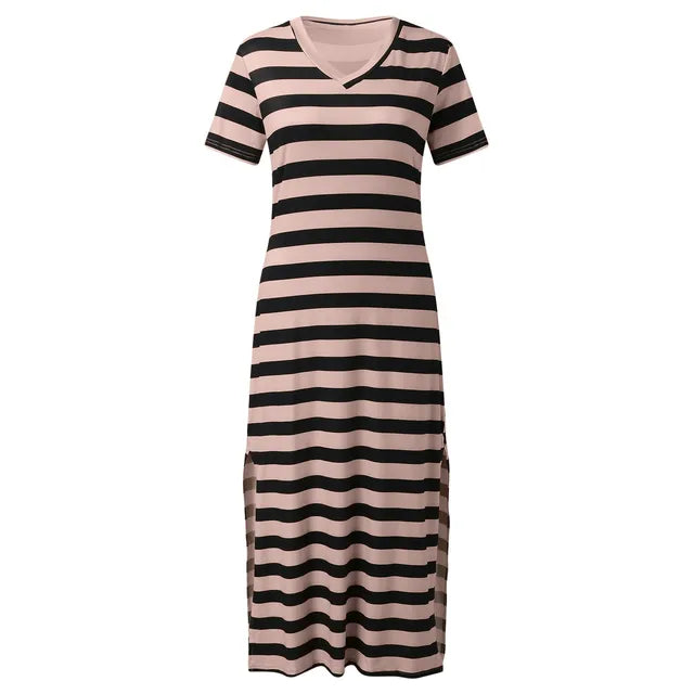 A collection of V-neck casual loose midi dresses with striped patterns and side slits, available in various colors.